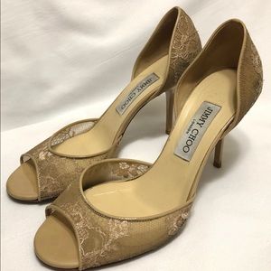 Jimmy Choo Beige Lace Peep Toe Pumps